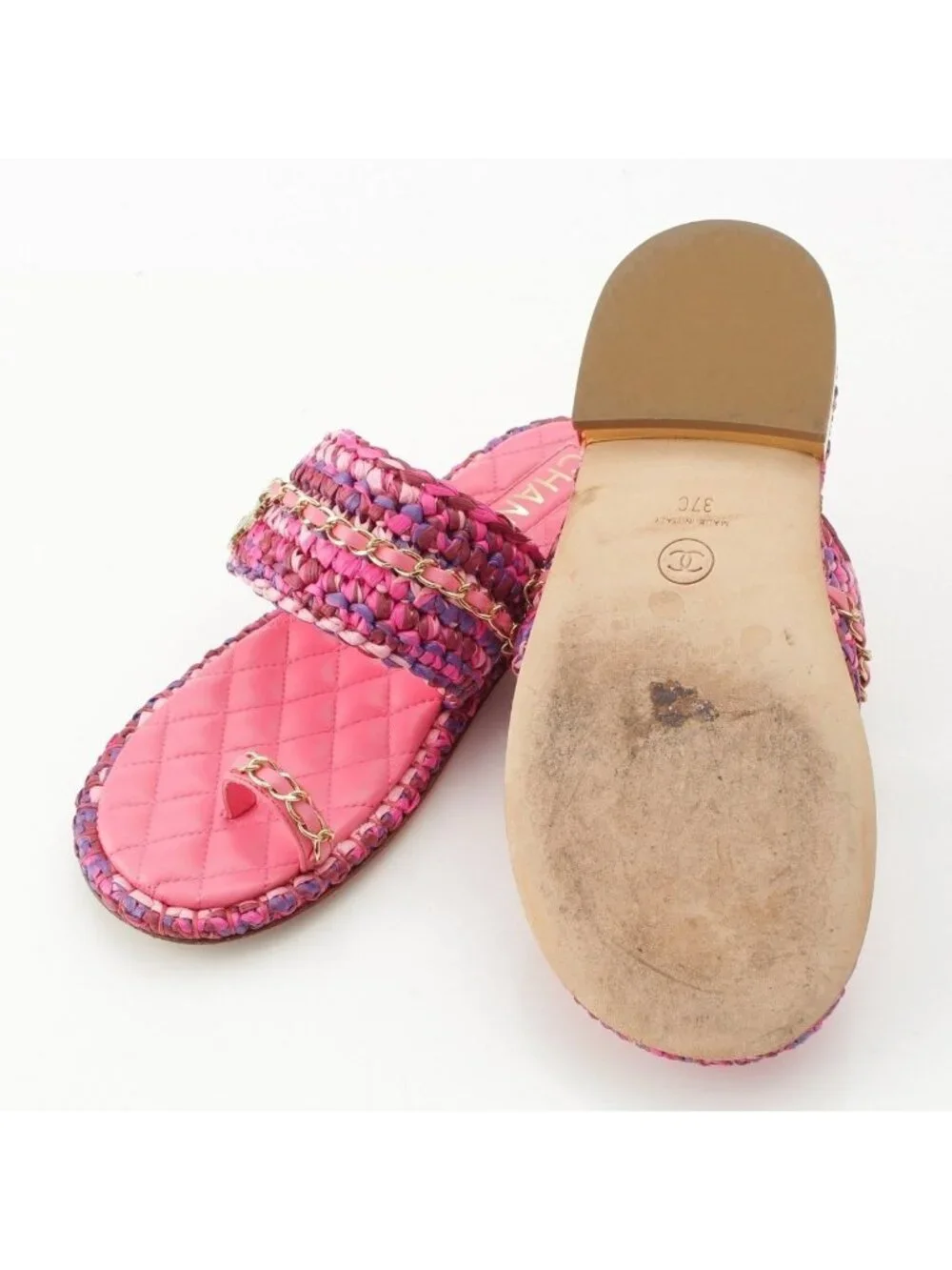 Chanel Leather Tweed CC Logo Chain Flat Sandals Pink 37C